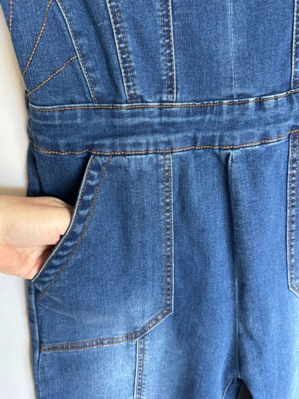Bebe Blue Stretch Denim Sweetheart Corset Strap Flare Leg Jumpsuit Size 12 Tall - Picture 4 of 14